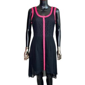 Nicole Miller Black Chiffon Lace Cocktail Dress Pink Trim Size 8 NWT